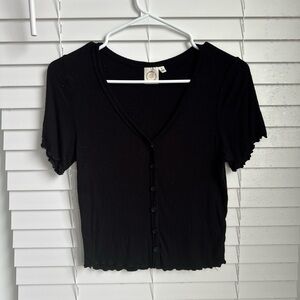 Chic Black V-Neck Ribbed Button-Down Women's Top with Ruffle Detailing